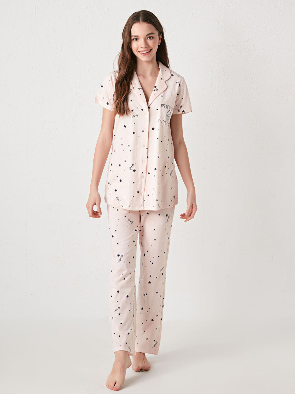 Pembe Gömlek Yaka Slogan Baskılı Kısa Kollu Pamuklu Hamile Pijama Takımı-6