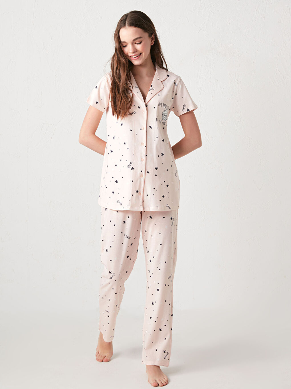 Pembe Gömlek Yaka Slogan Baskılı Kısa Kollu Pamuklu Hamile Pijama Takımı-7