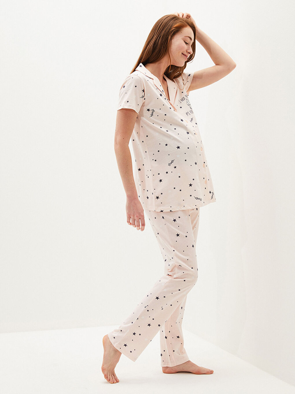 Pembe Gömlek Yaka Slogan Baskılı Kısa Kollu Pamuklu Hamile Pijama Takımı-1