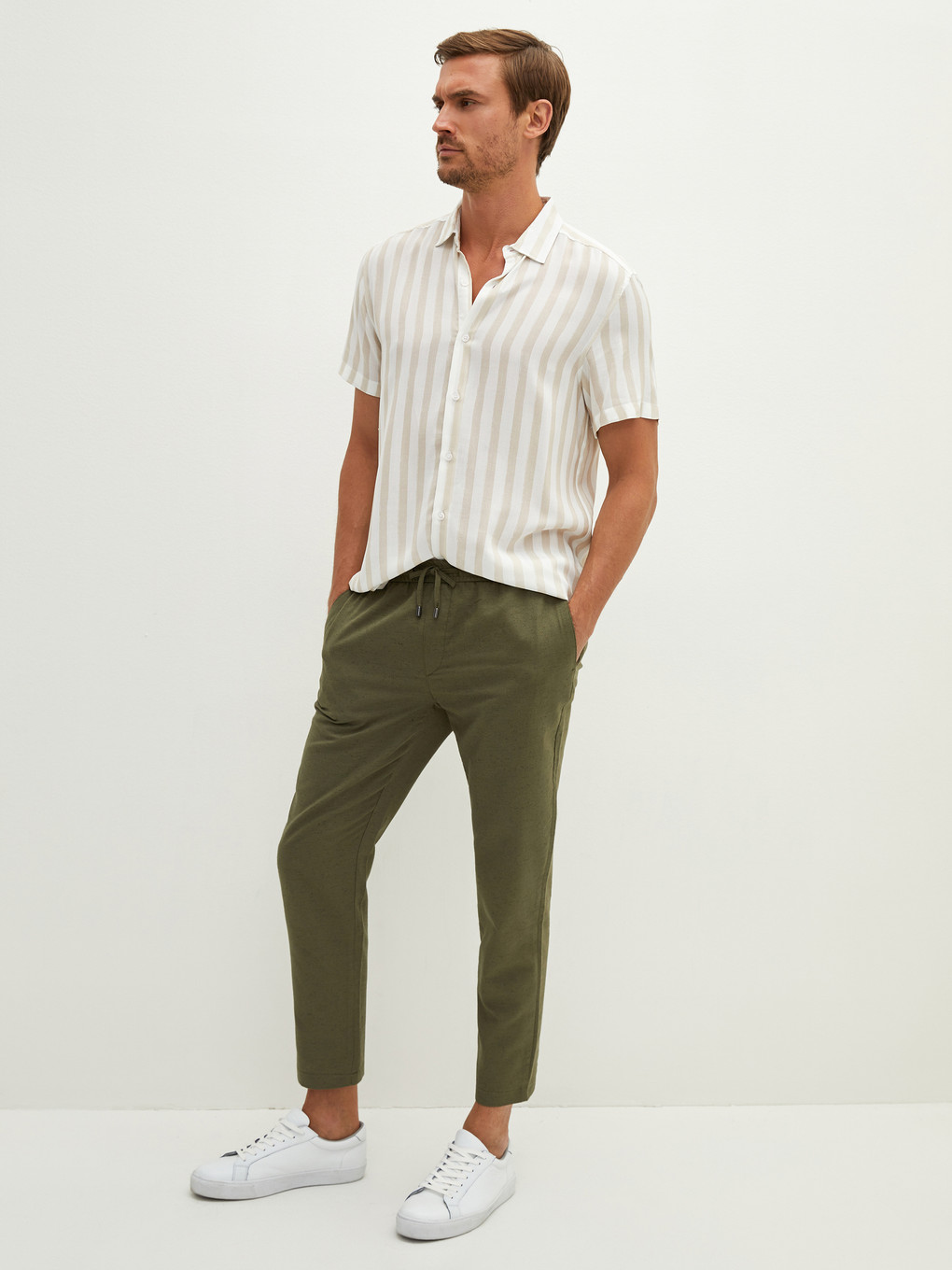 Haki Slim Fit Keten Erkek Pantolon-1