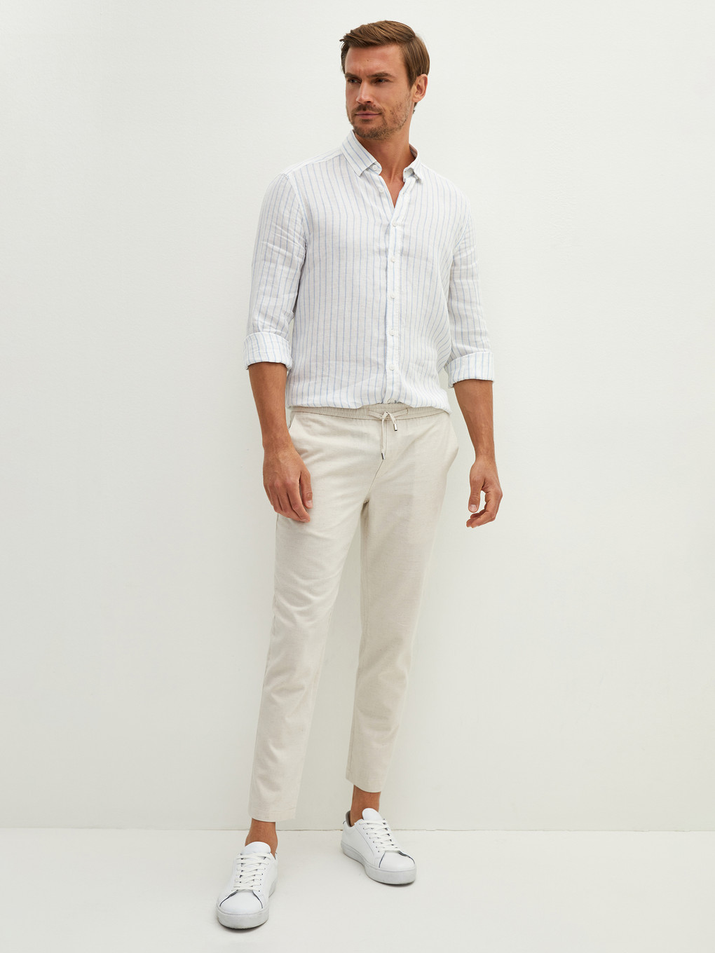 Bej Slim Fit Keten Erkek Pantolon-1