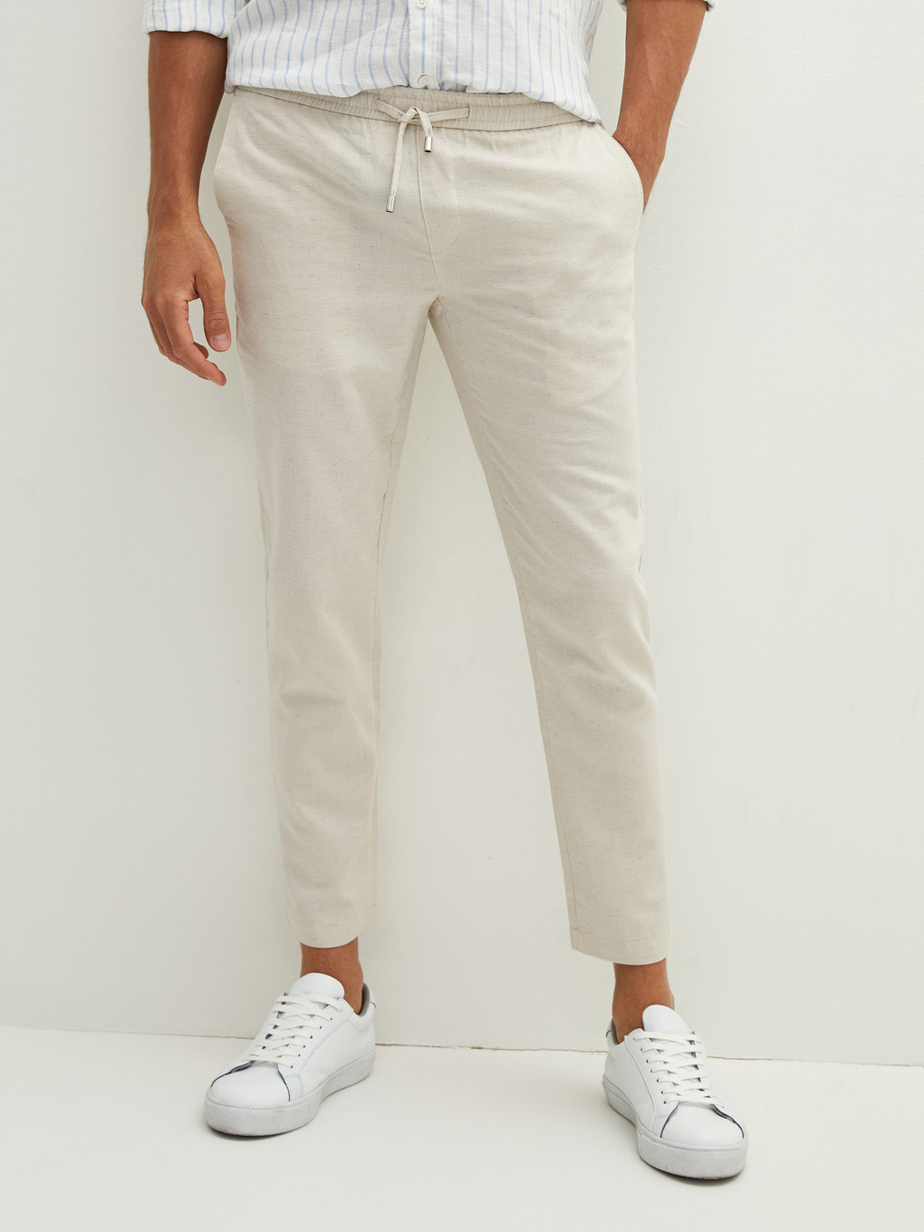 Bej Slim Fit Keten Erkek Pantolon-2