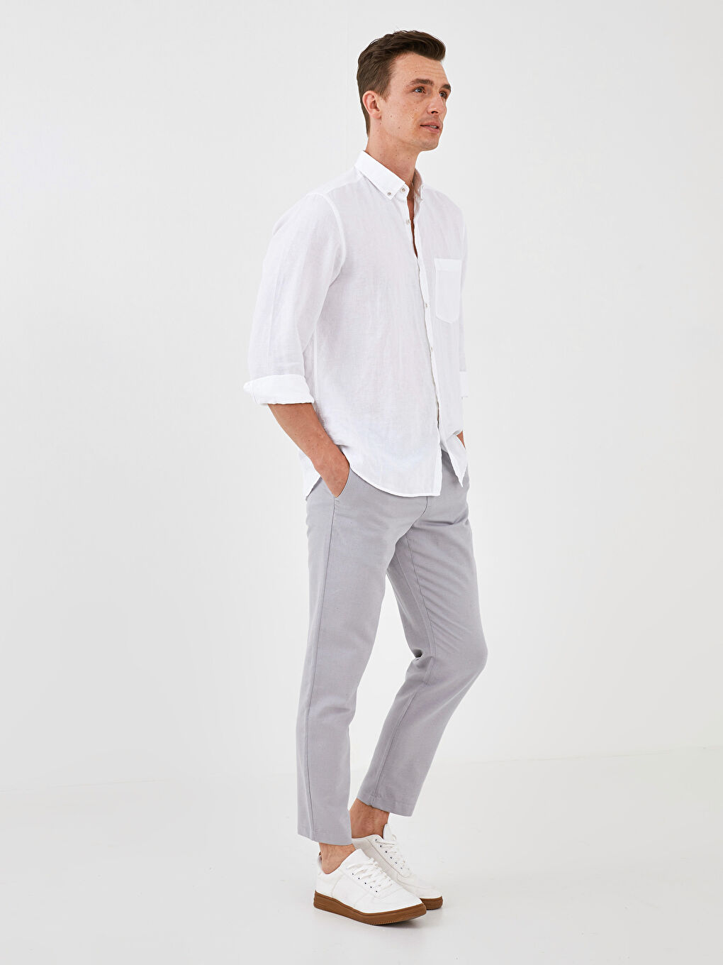 Gri Slim Fit Keten Erkek Pantolon-1