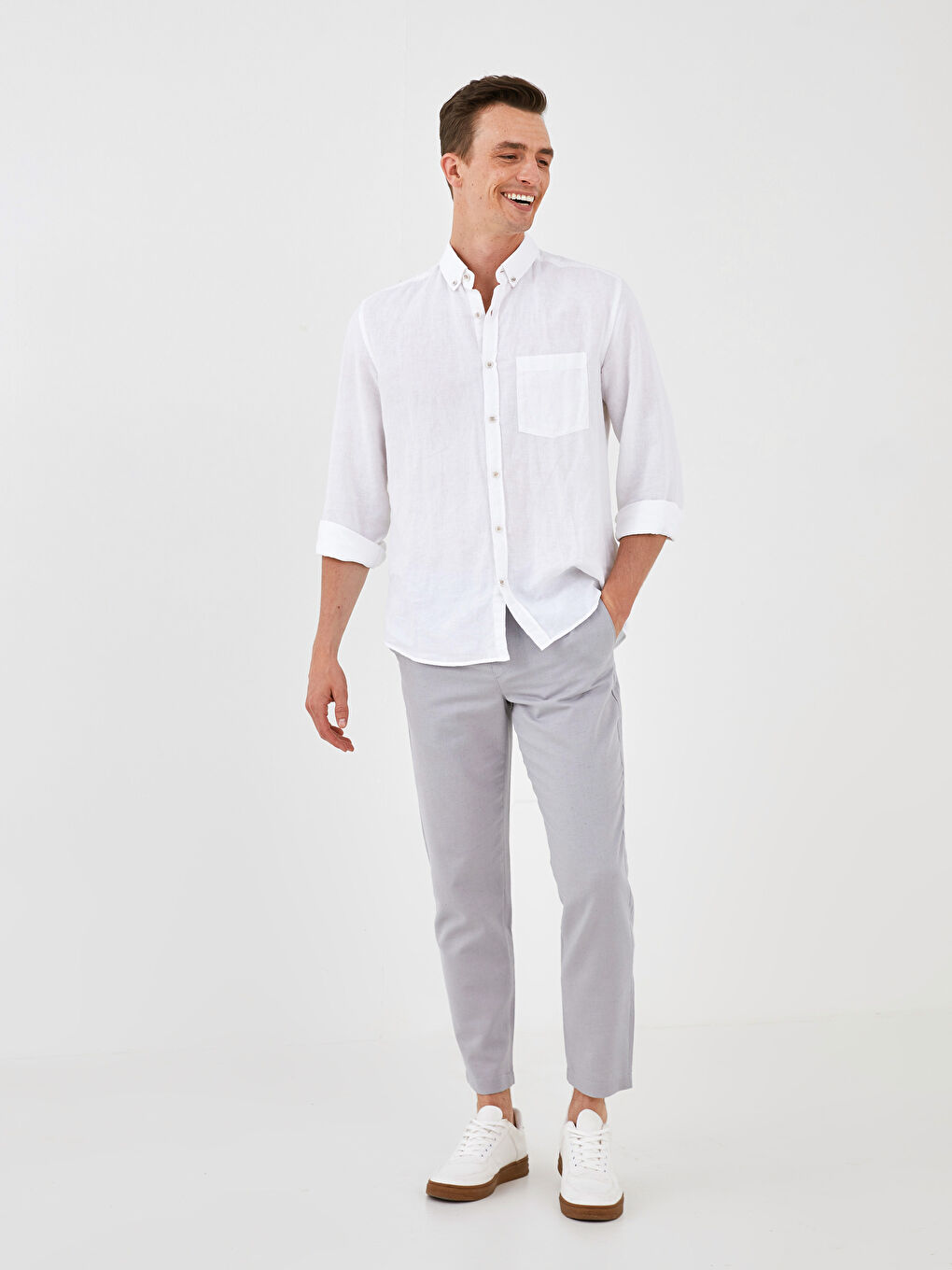 Gri Slim Fit Keten Erkek Pantolon-2