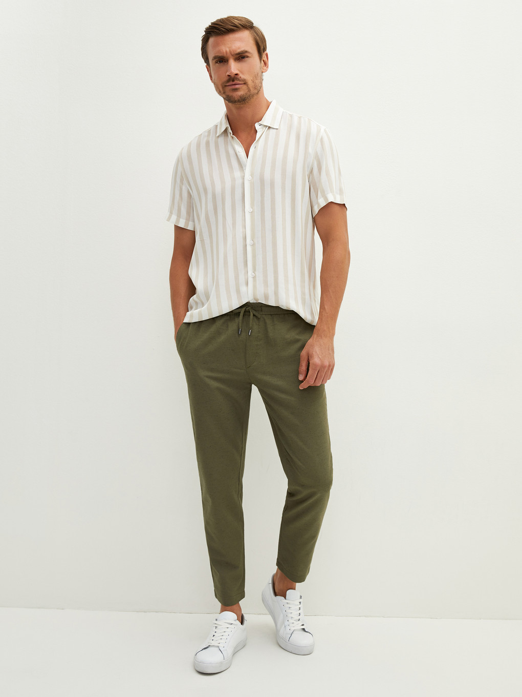 Haki Slim Fit Keten Erkek Pantolon-4