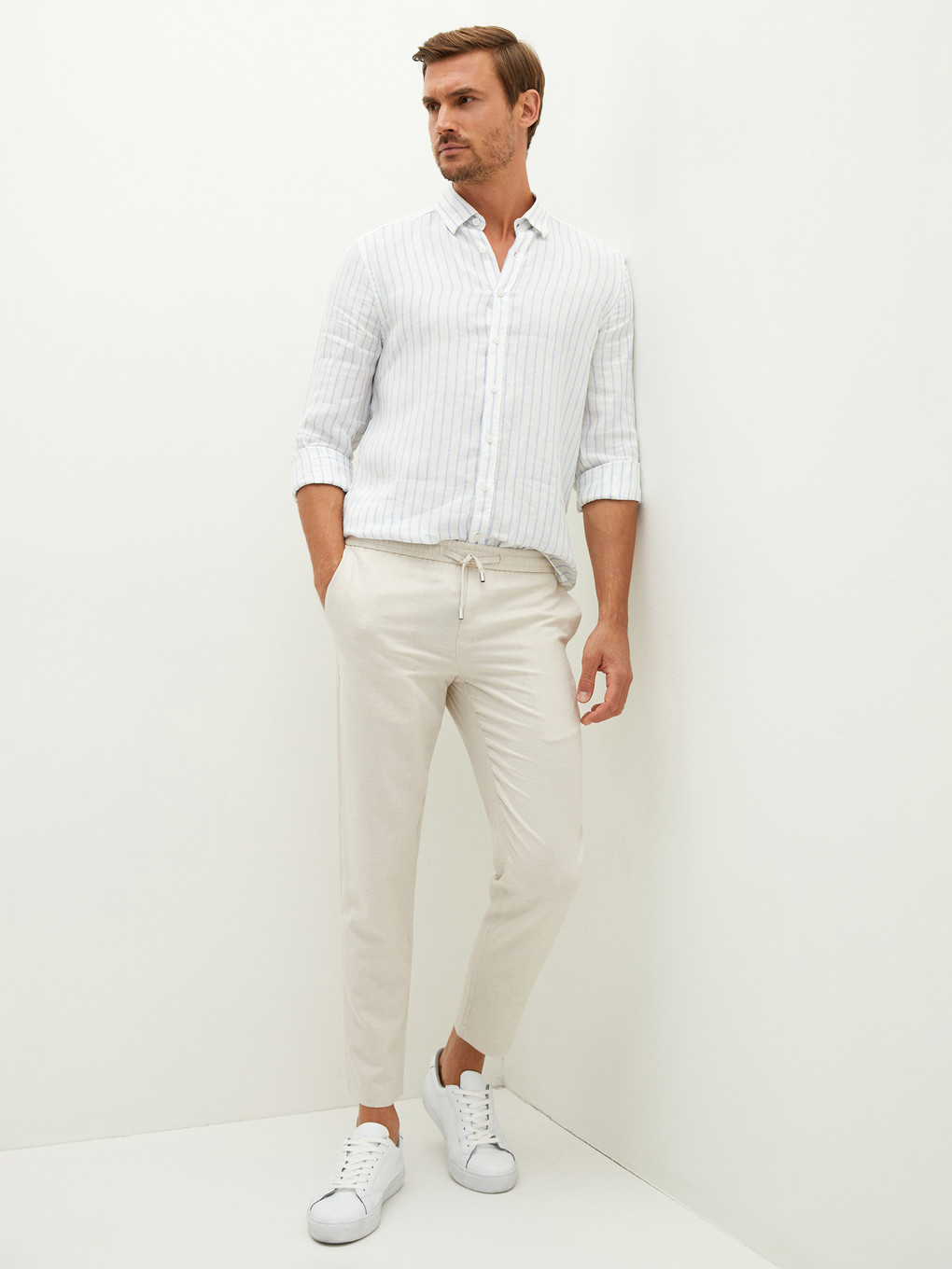 Bej Slim Fit Keten Erkek Pantolon-4