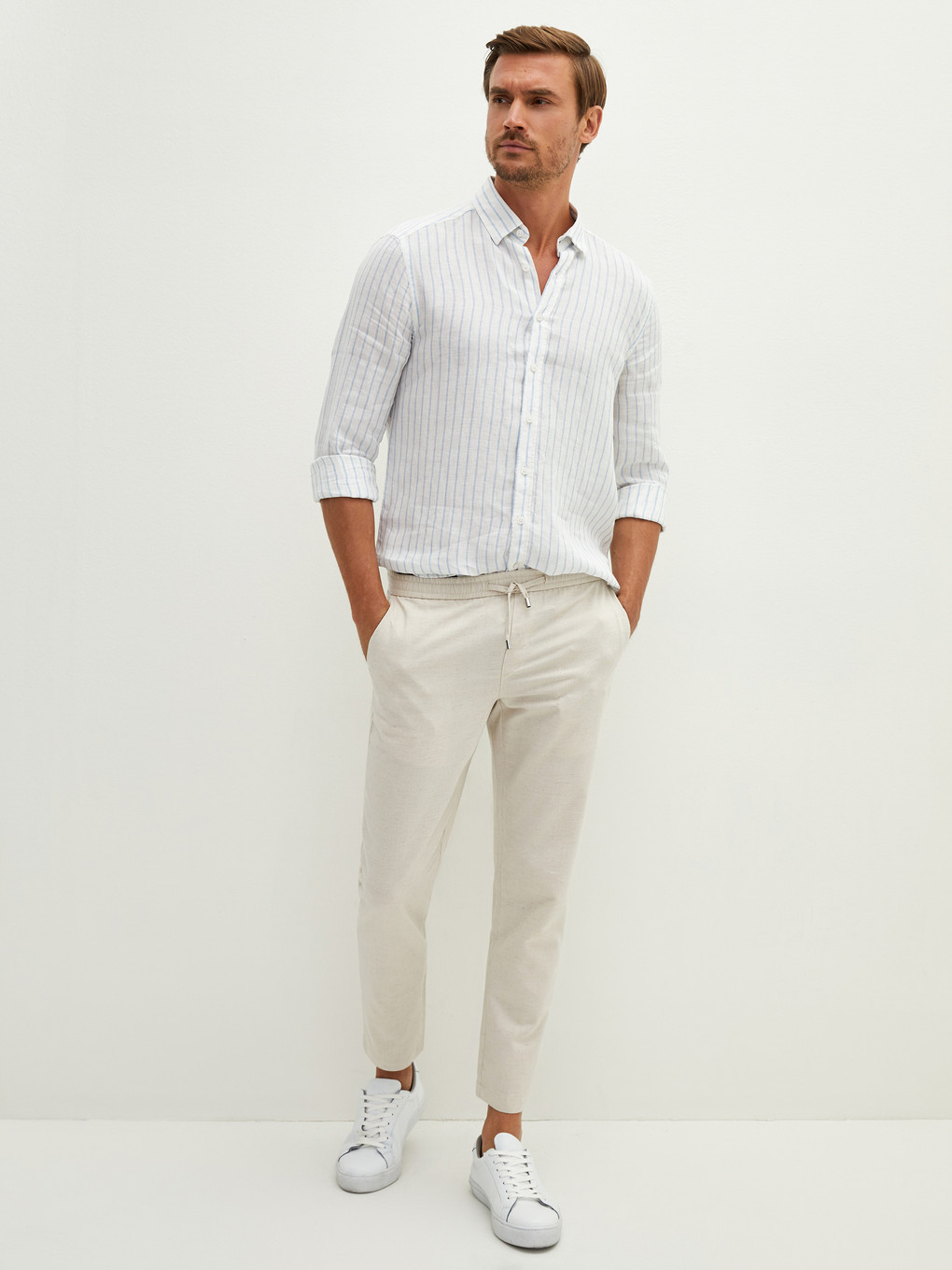 Bej Slim Fit Keten Erkek Pantolon