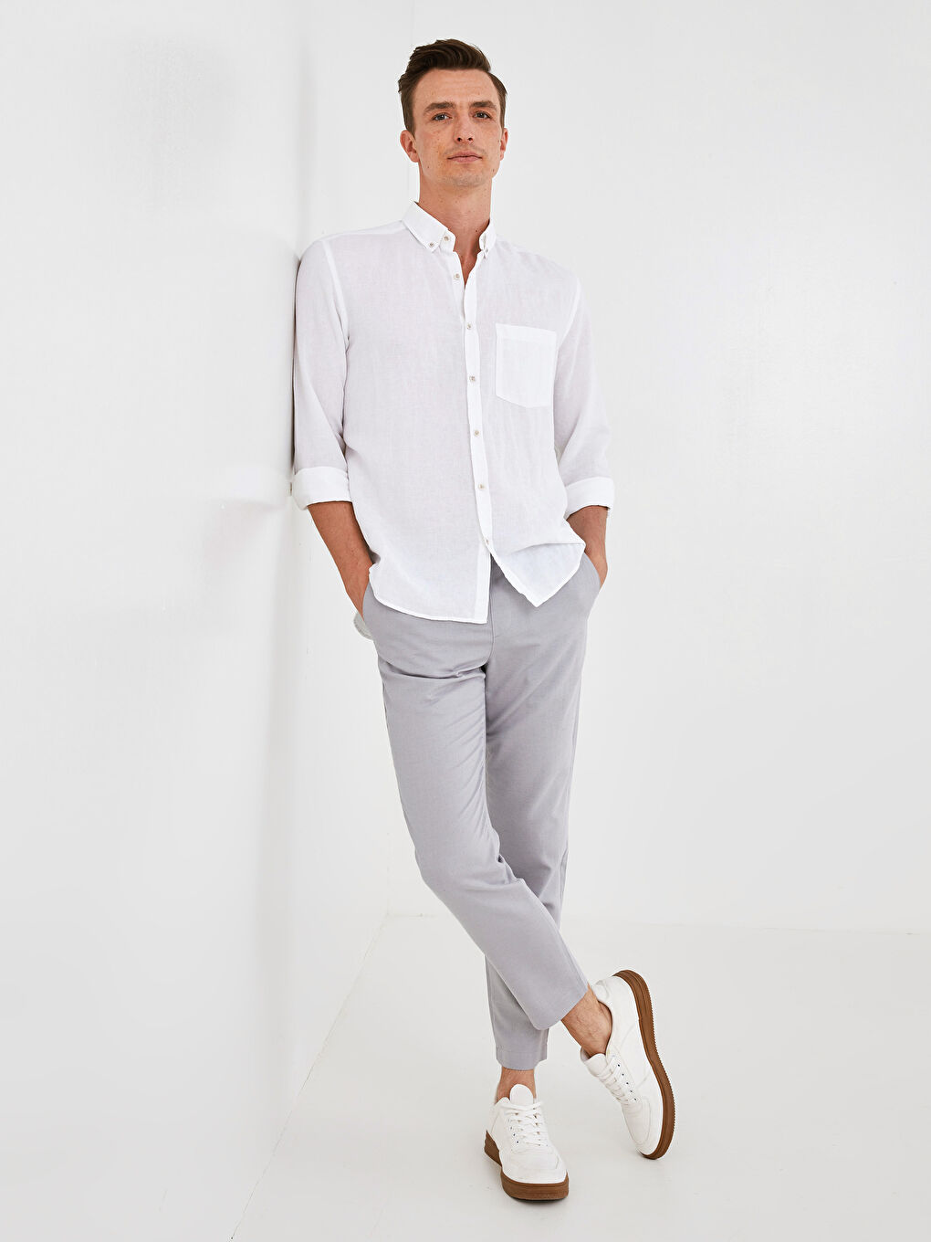 Gri Slim Fit Keten Erkek Pantolon-5