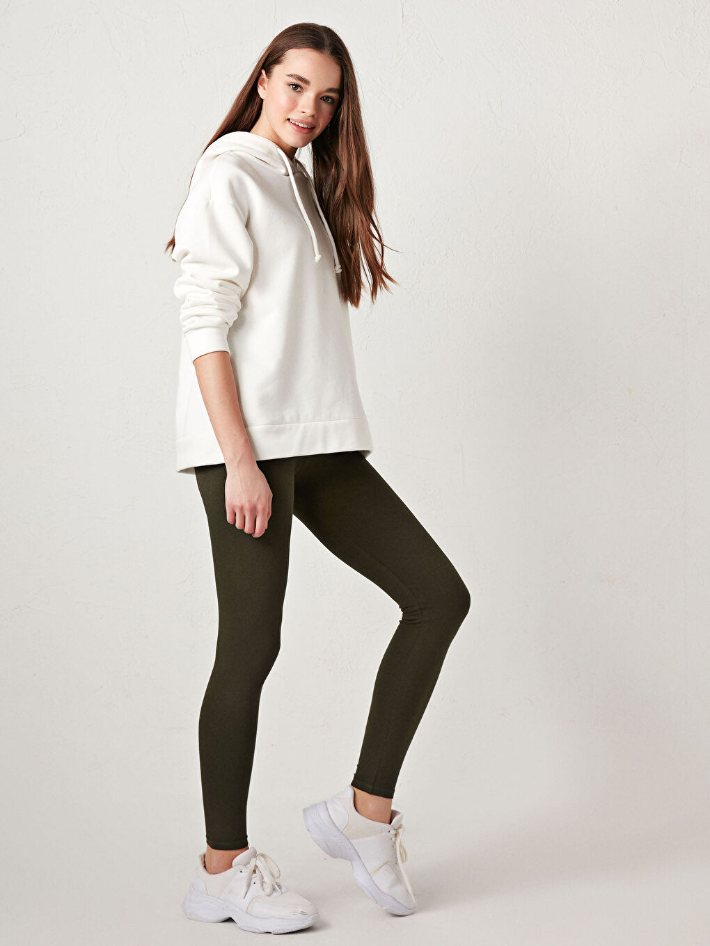 Haki Kadın Beli Lastikli Düz Tayt-1