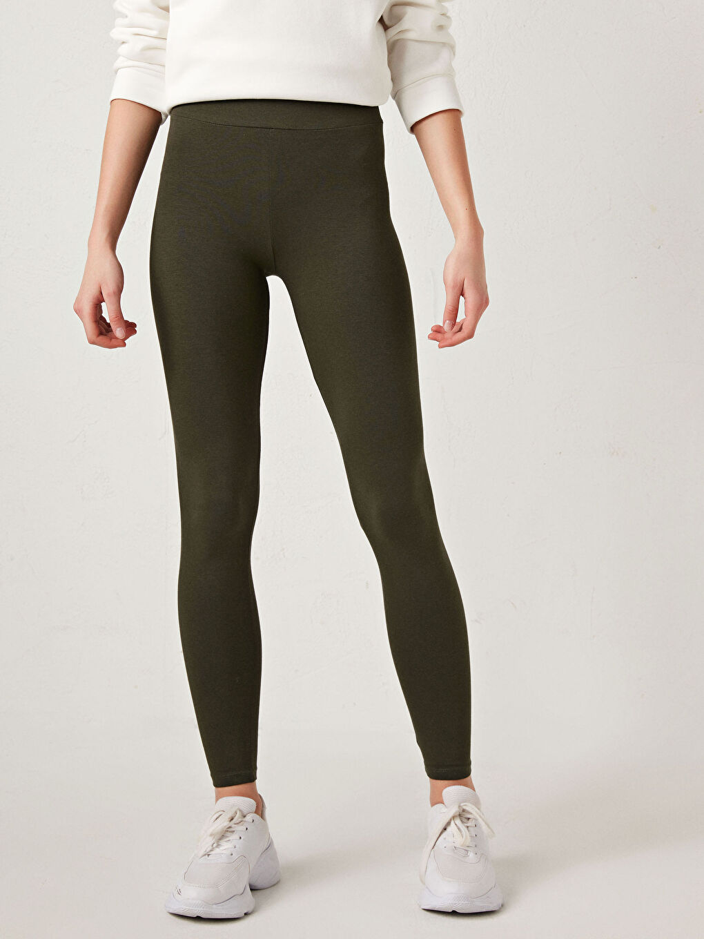 Haki Kadın Beli Lastikli Düz Tayt-3