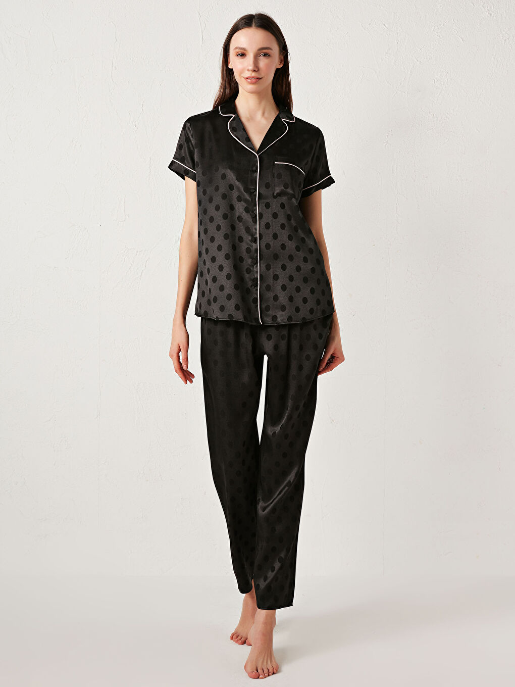 LCW DREAM Polka Dot Satin Pajamas Set -S17577Z8-CVL