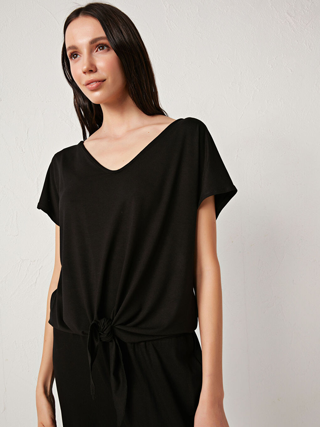 Siyah V Yaka Viskon Pijama Takımı-2