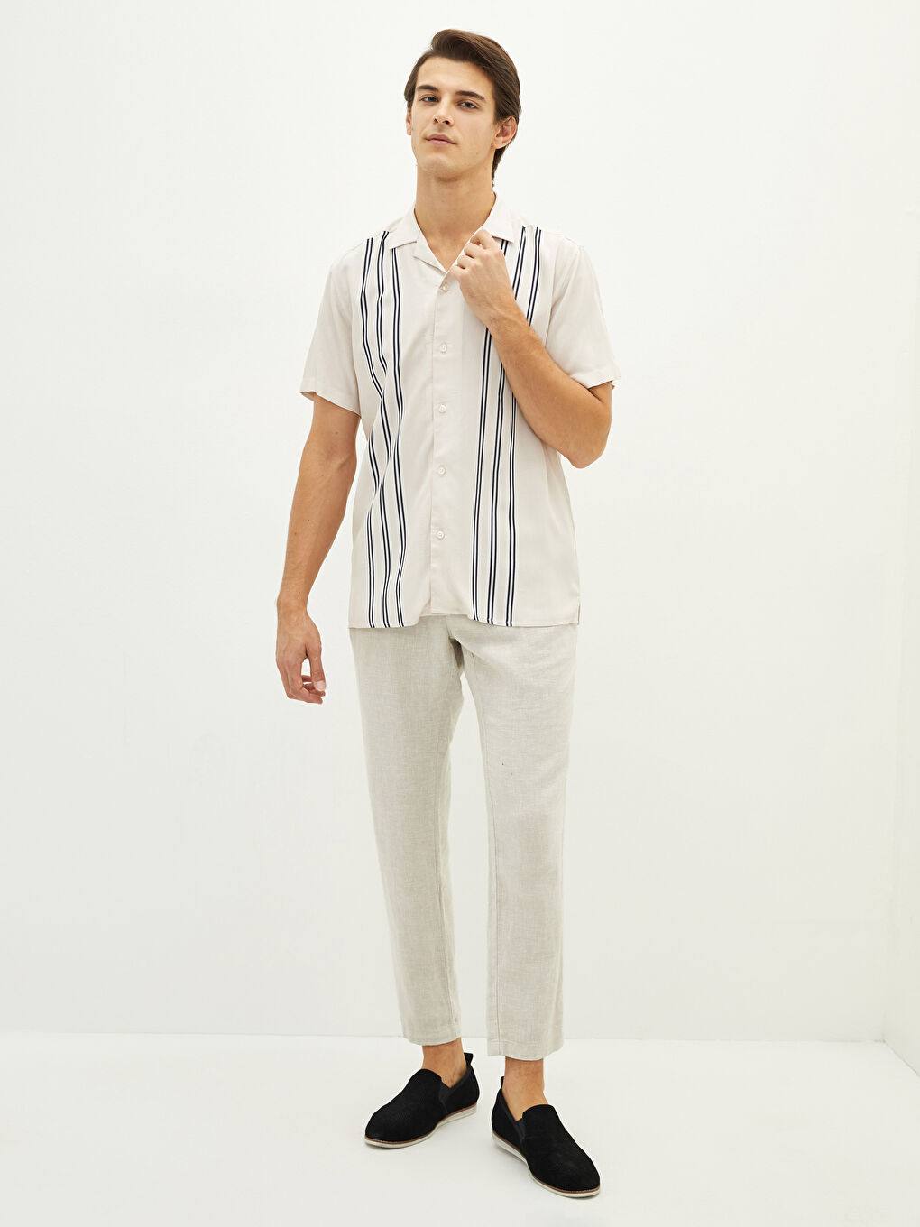 Bej Slim Fit Kısa Kollu Resort Yaka Gömlek-2