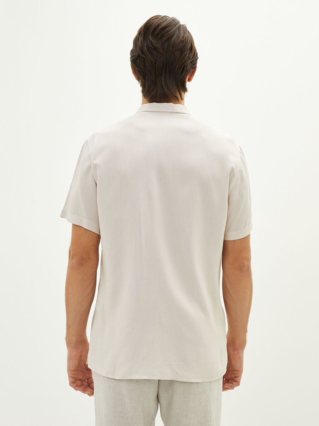 Bej Slim Fit Kısa Kollu Resort Yaka Gömlek-4