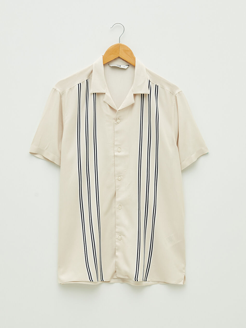 Bej Slim Fit Kısa Kollu Resort Yaka Gömlek-5