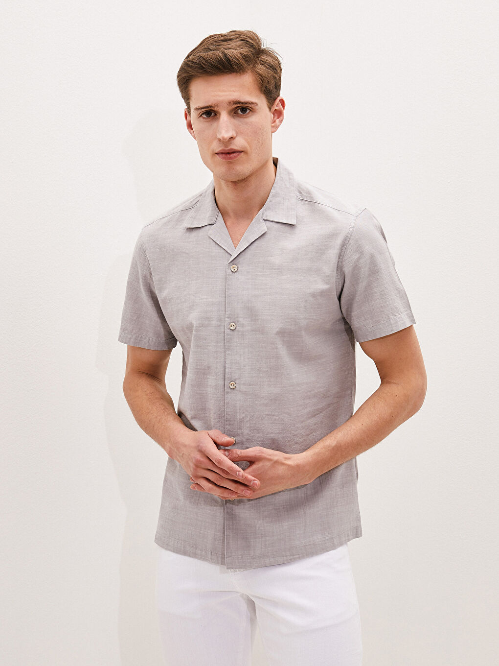 Bej Slim Fit Resort Yaka Kısa Kollu Poplin Erkek Gömlek-1