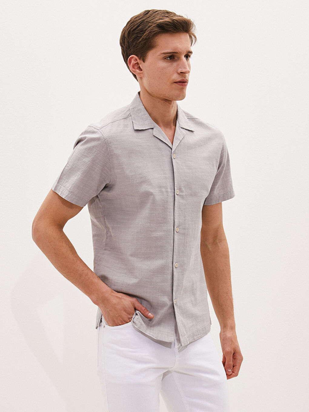 Bej Slim Fit Resort Yaka Kısa Kollu Poplin Erkek Gömlek-2