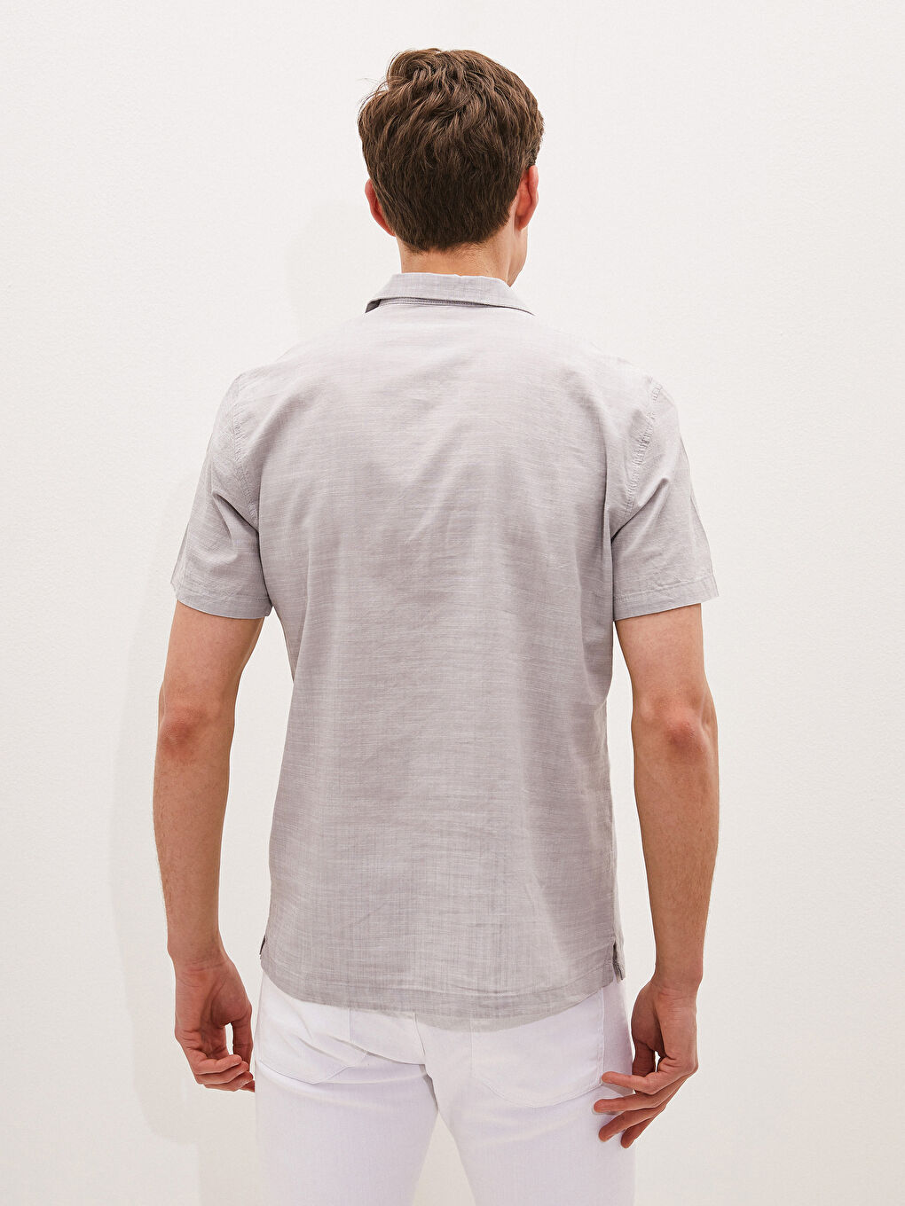 Bej Slim Fit Resort Yaka Kısa Kollu Poplin Erkek Gömlek-4