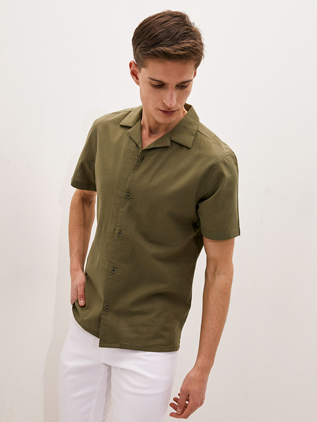 Yeşil Slim Fit Resort Yaka Kısa Kollu Poplin Erkek Gömlek-1