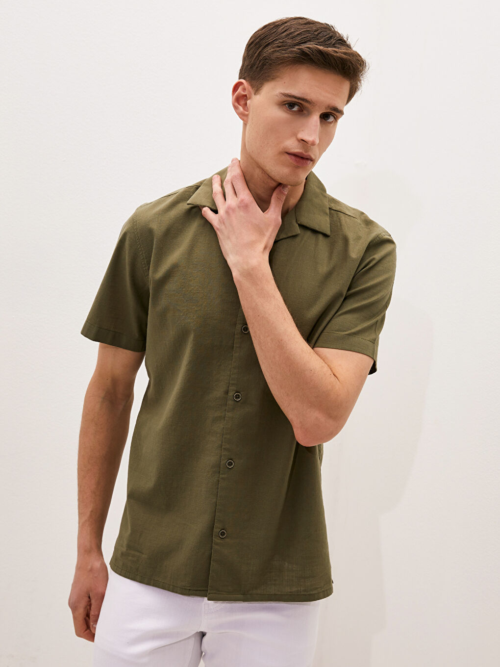 Yeşil Slim Fit Resort Yaka Kısa Kollu Poplin Erkek Gömlek-2