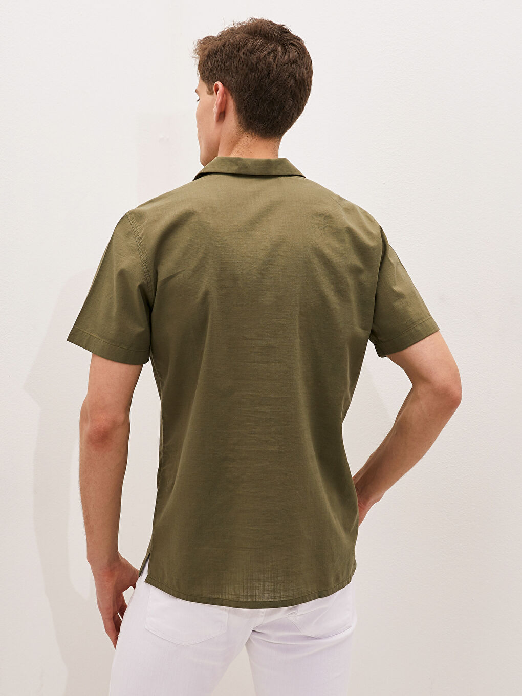 Yeşil Slim Fit Resort Yaka Kısa Kollu Poplin Erkek Gömlek-4