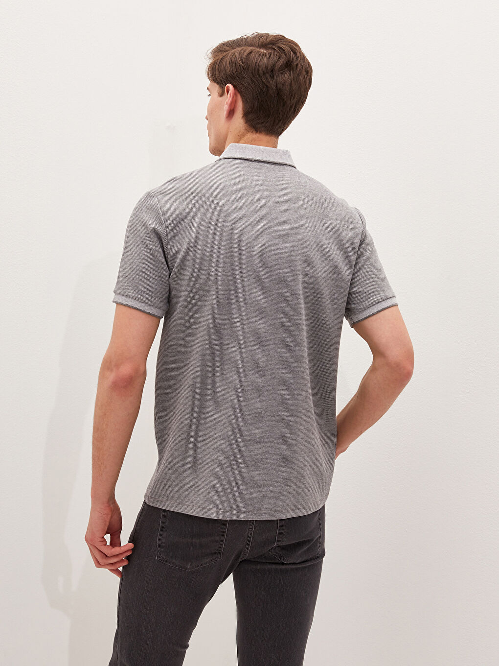 Gri Polo Yaka Kısa Kollu Erkek Tişört-3