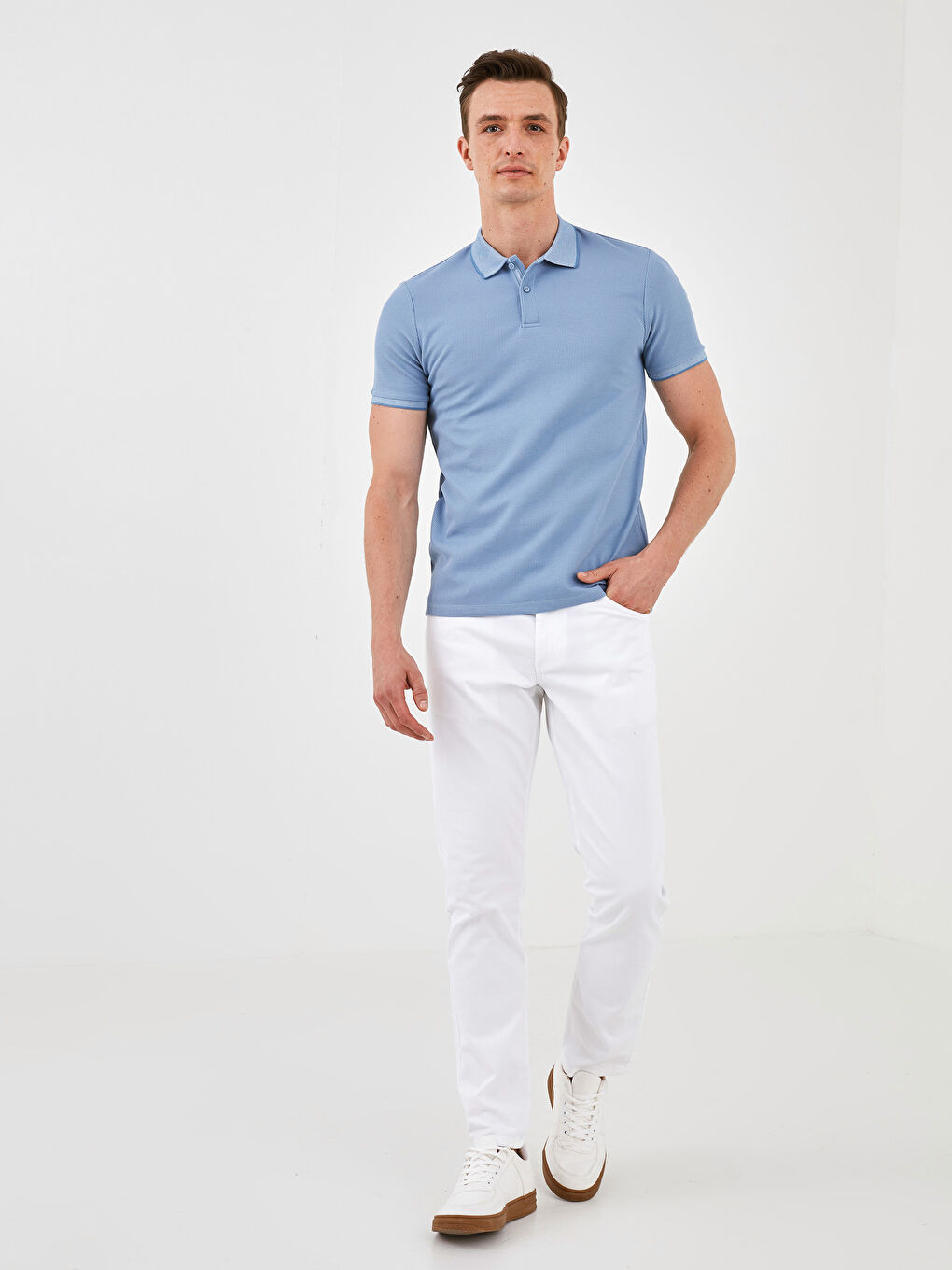 Mavi Polo Yaka Kısa Kollu Erkek Tişört-2