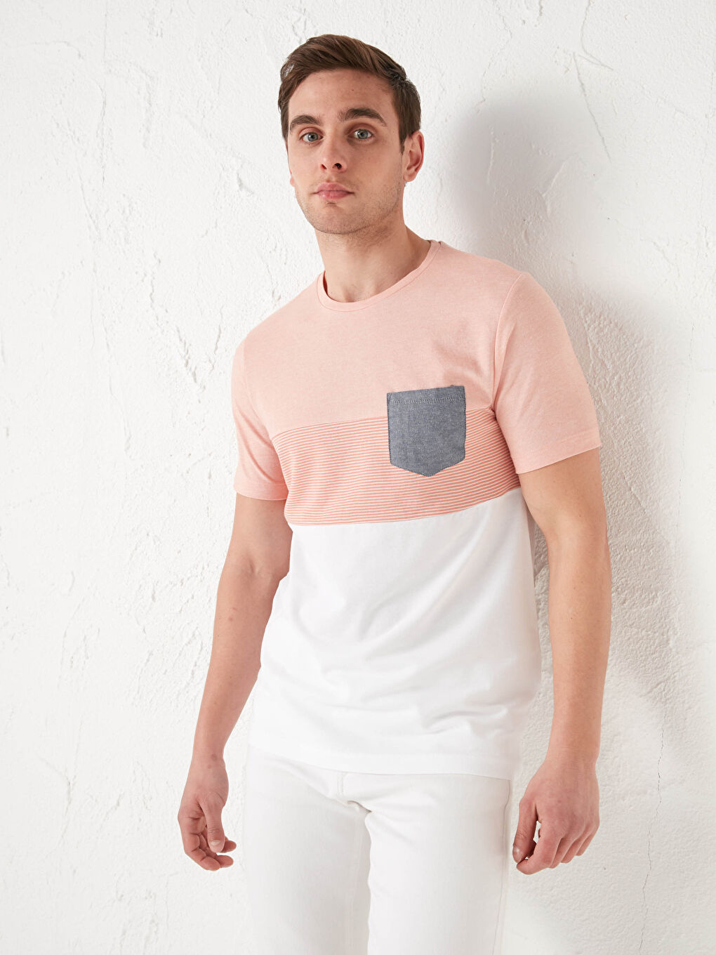 Pembe Bisiklet Yaka Kısa Kollu Renk Bloklu Pike Erkek Tişört-1