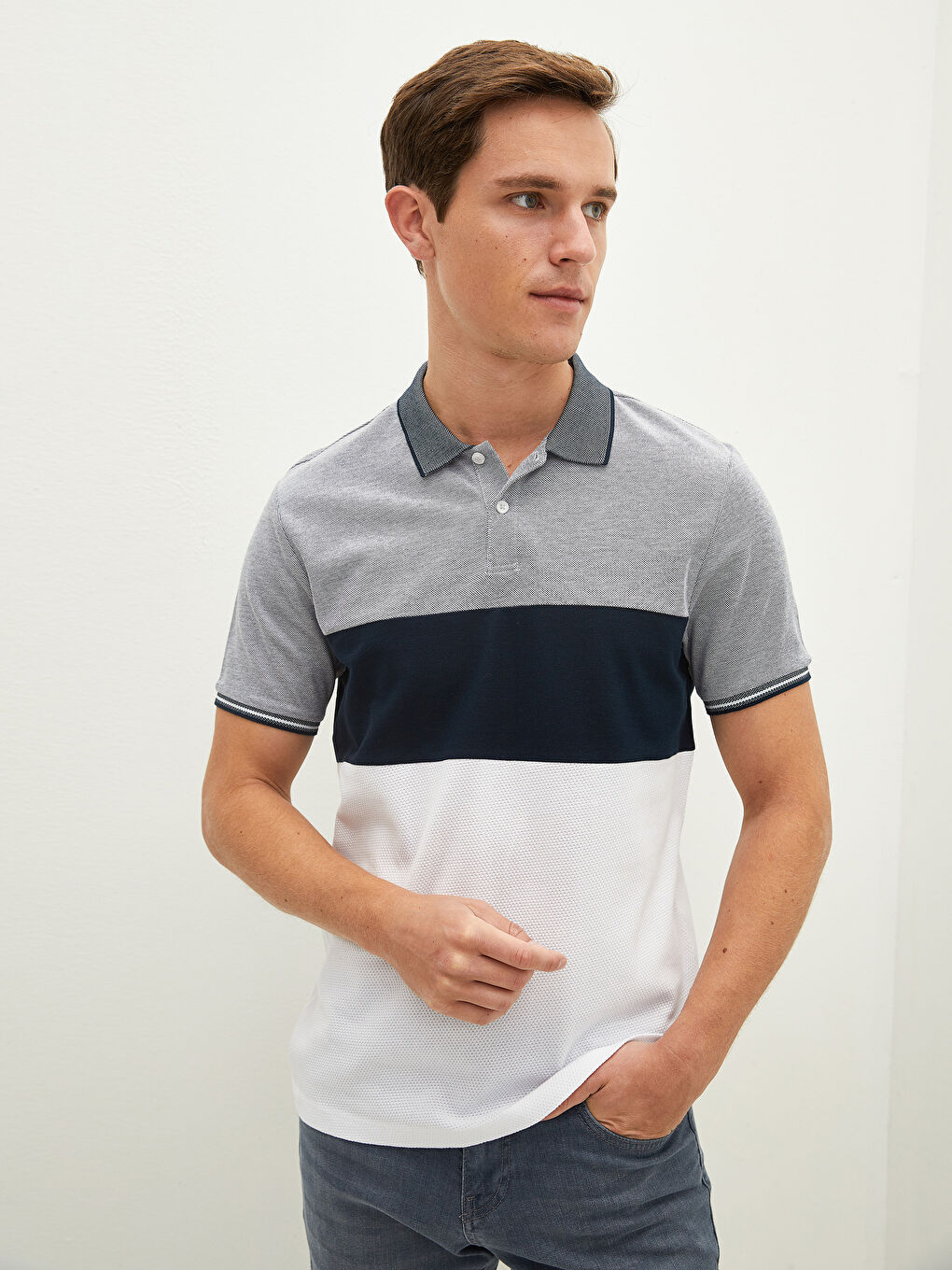 Lacivert Polo Yaka Kısa Kollu Renk Bloklu Erkek Tişört-1