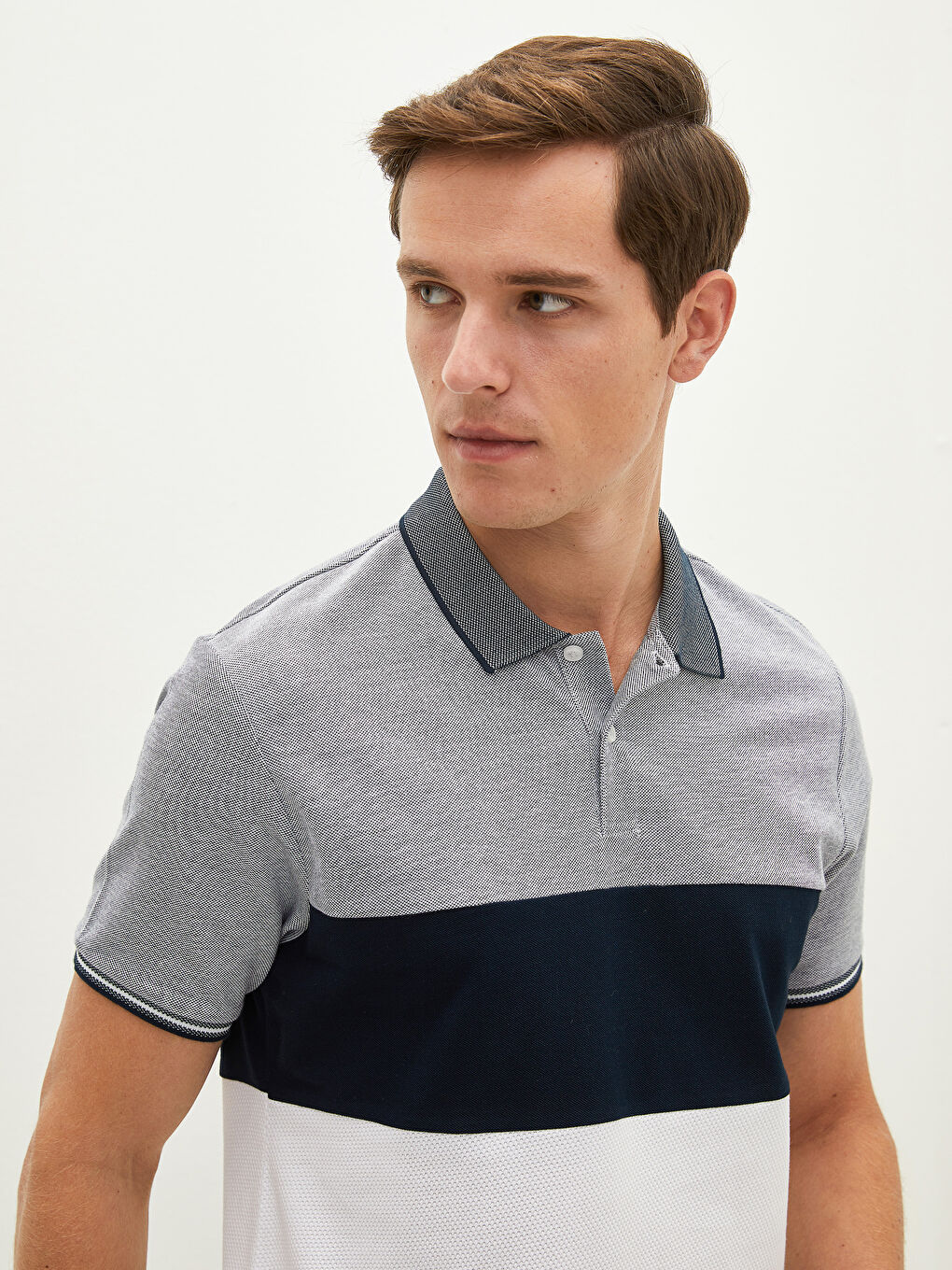 Lacivert Polo Yaka Kısa Kollu Renk Bloklu Erkek Tişört-2