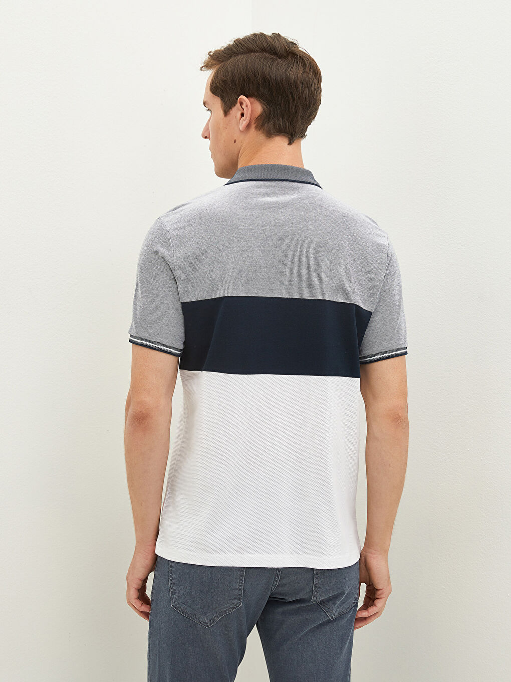 Lacivert Polo Yaka Kısa Kollu Renk Bloklu Erkek Tişört-4