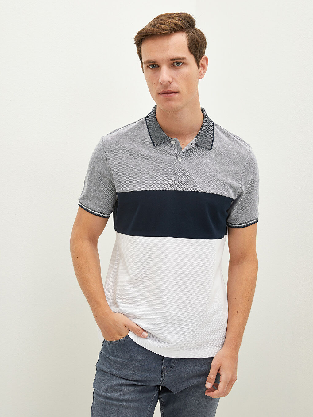 Lacivert Polo Yaka Kısa Kollu Renk Bloklu Erkek Tişört-5