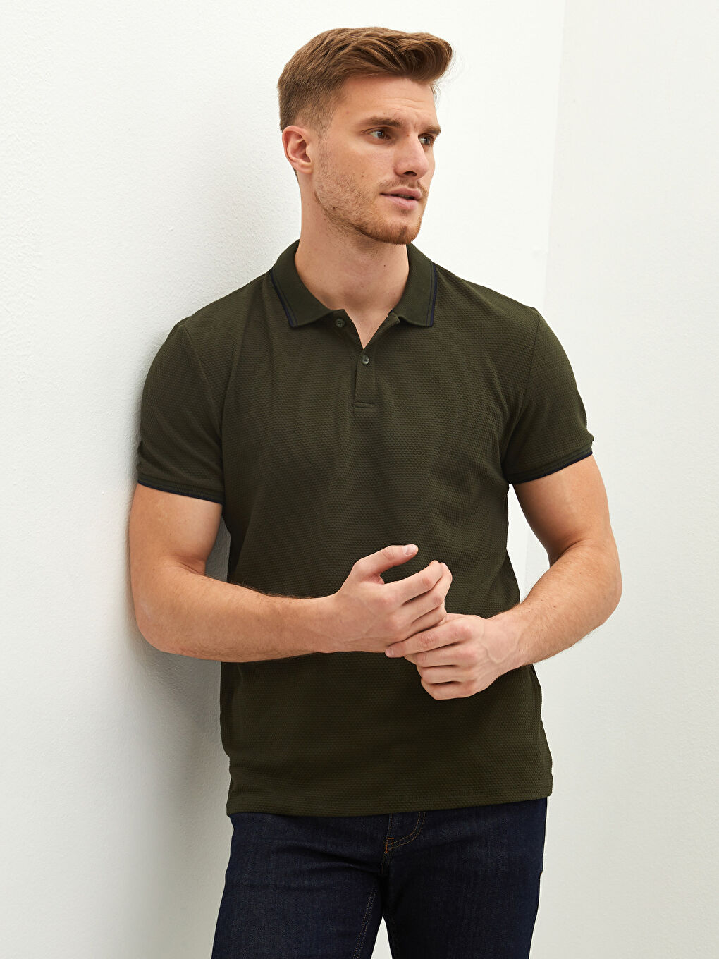 Haki Polo Yaka Kısa Kollu Erkek Tişört-1