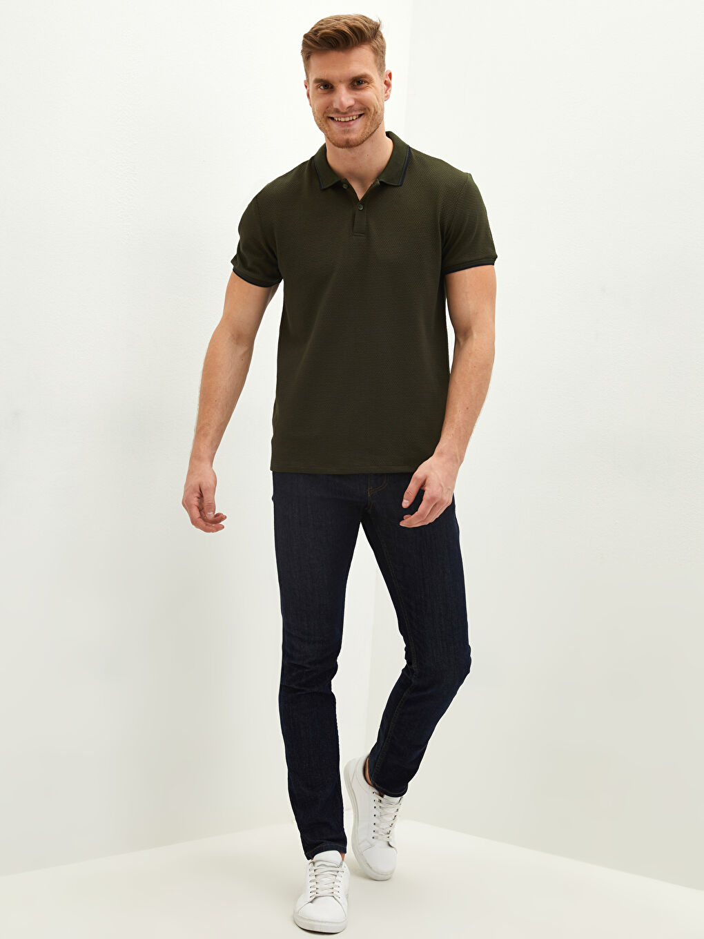 Haki Polo Yaka Kısa Kollu Erkek Tişört-2