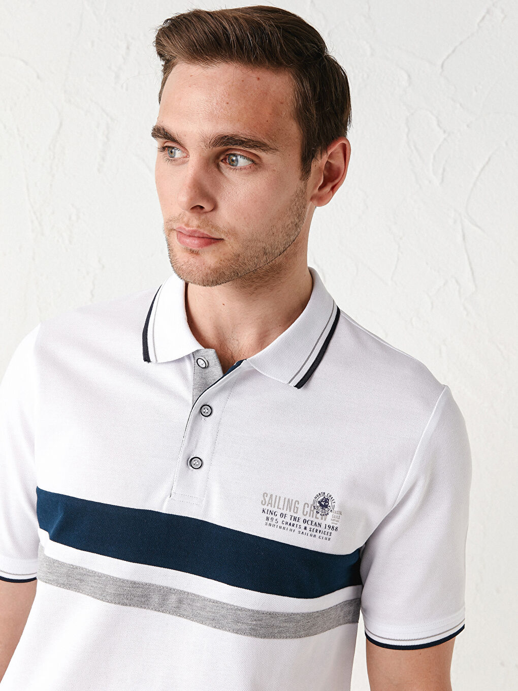 Beyaz Polo Yaka Kısa Kollu Çizgili Erkek Tişört-2