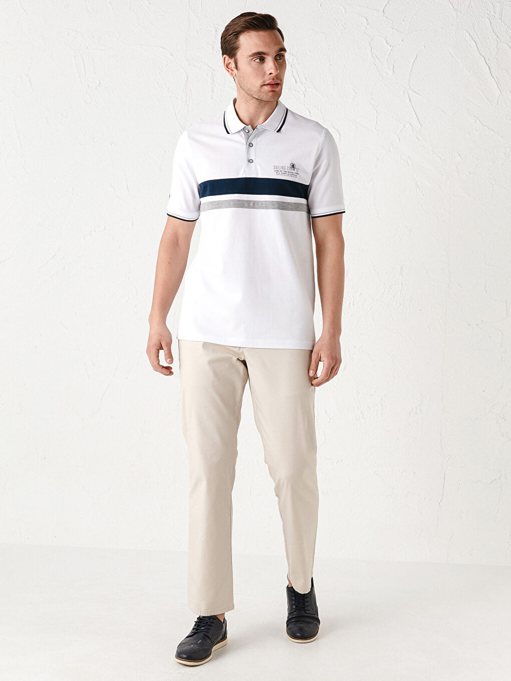 Beyaz Polo Yaka Kısa Kollu Çizgili Erkek Tişört-3