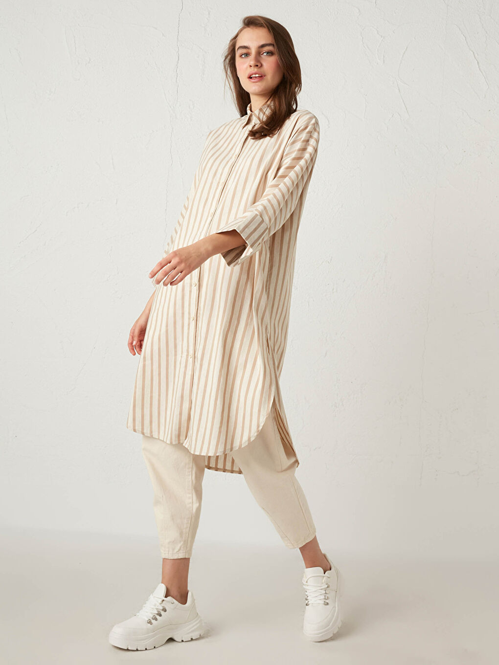 Kahverengi Dökümlü Çizgili Tunik-1