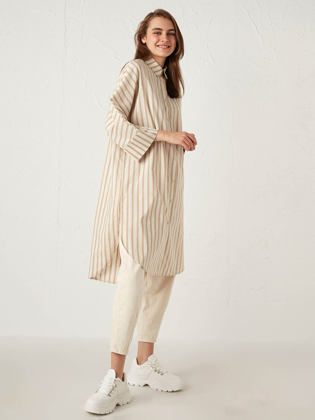 Kahverengi Dökümlü Çizgili Tunik-2