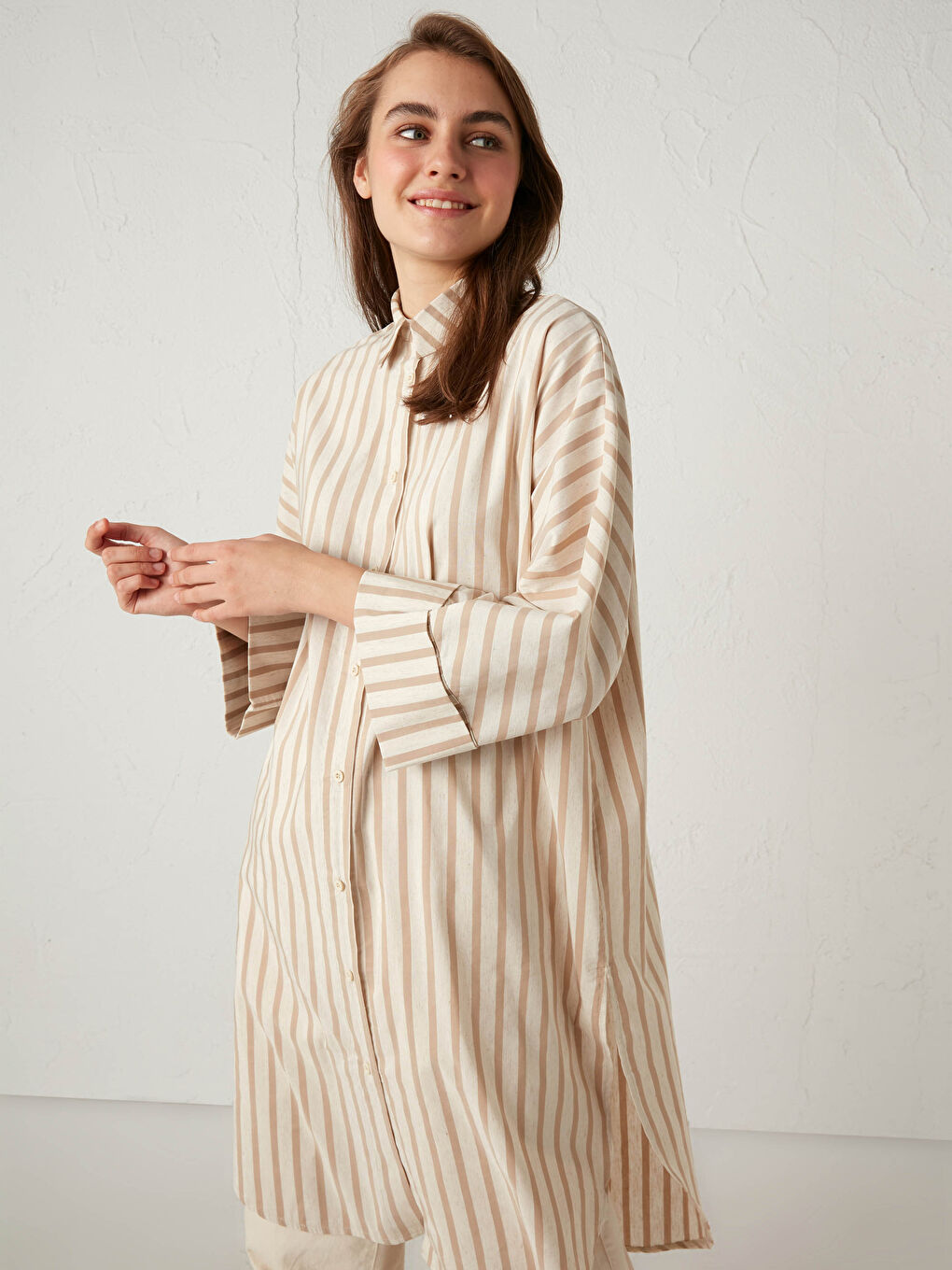 Kahverengi Dökümlü Çizgili Tunik-3