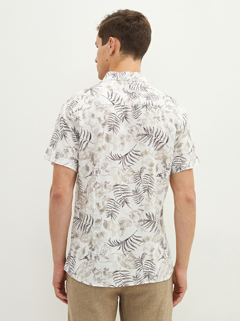 Bej Slim Fit Kısa Kollu Desenli Viskon Erkek Gömlek-4