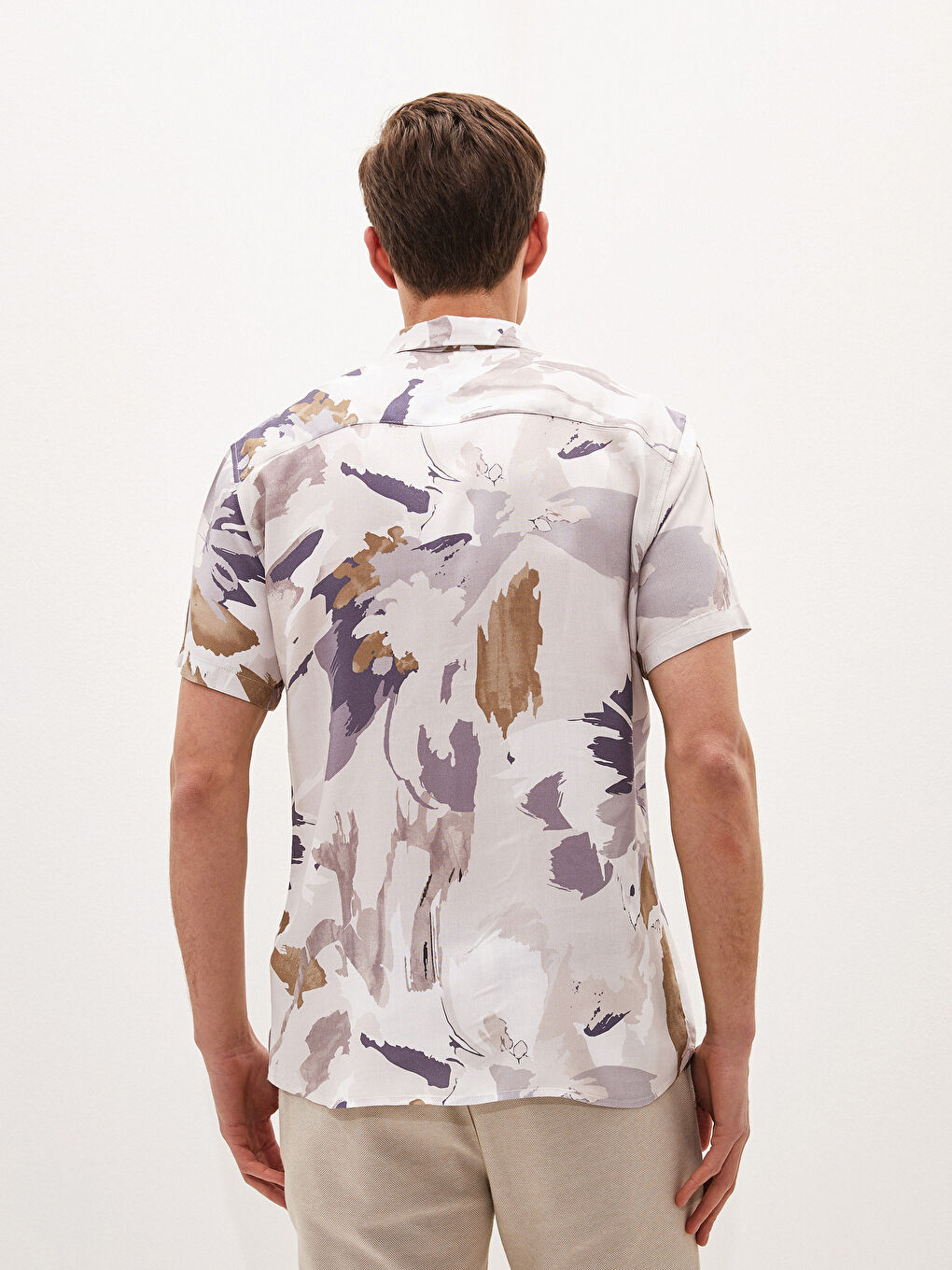 Bej Slim Fit Kısa Kollu Desenli Viskon Erkek Gömlek-2