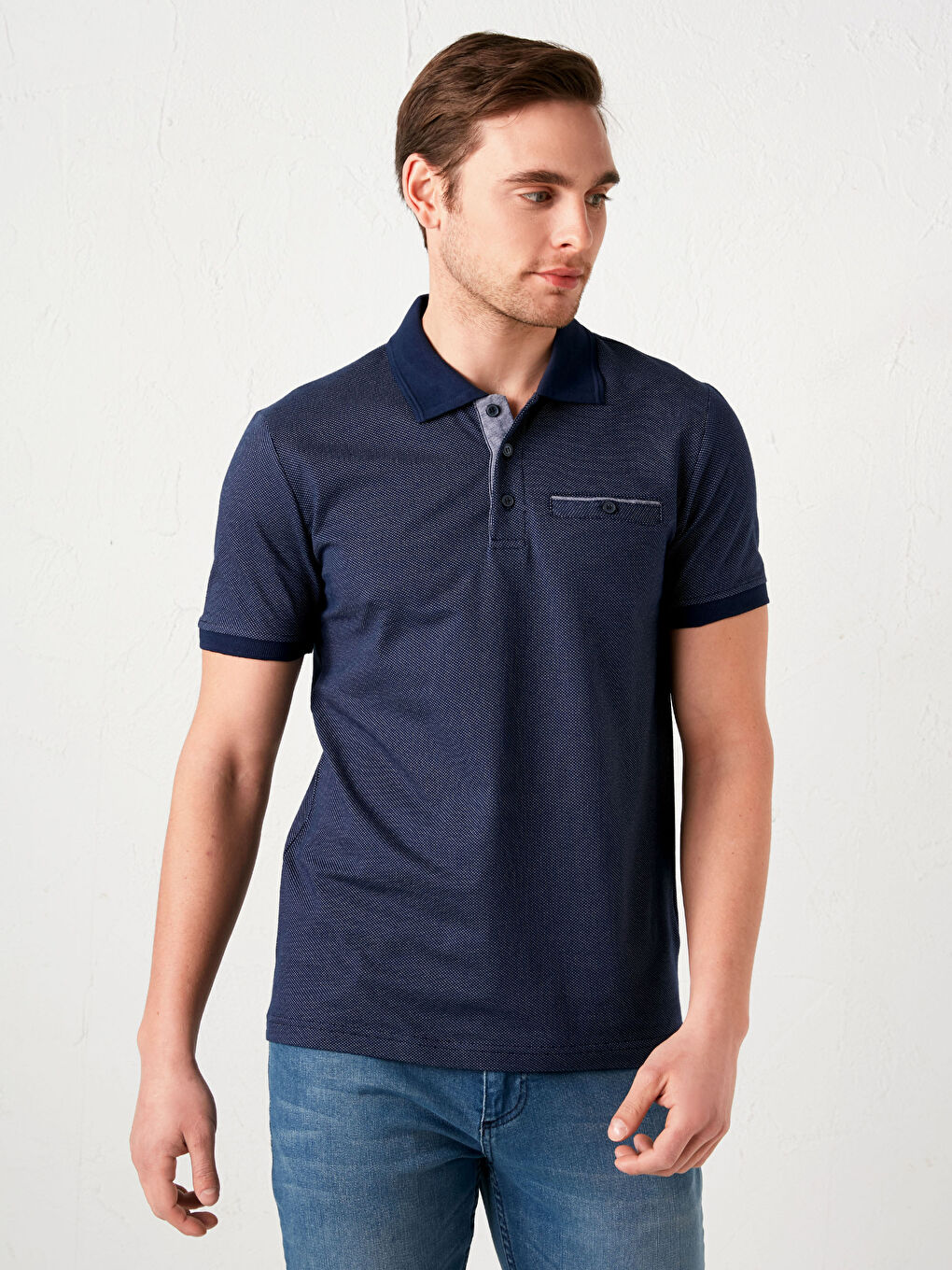 Lacivert Polo Yaka Kısa Kollu Penye Erkek Tişört