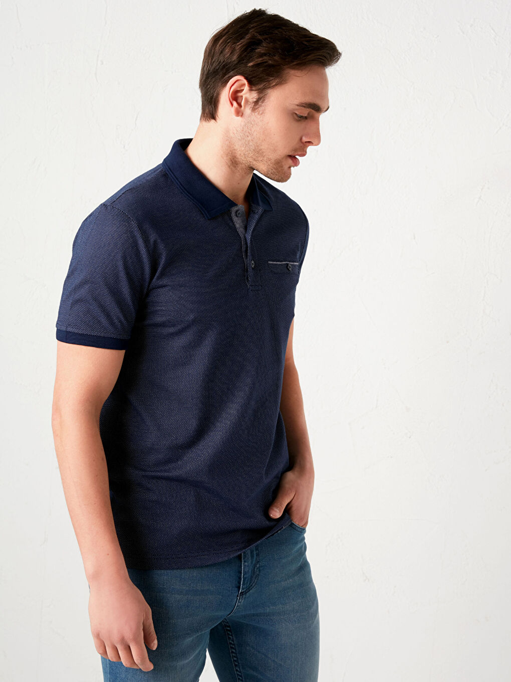 Lacivert Polo Yaka Kısa Kollu Penye Erkek Tişört-1