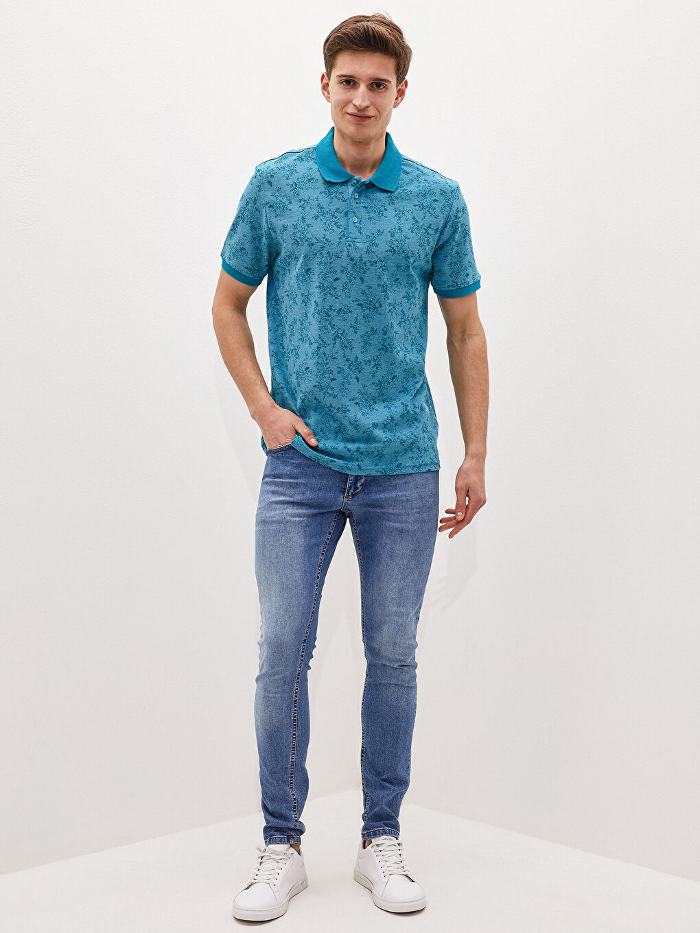 Turkuaz Polo Yaka Kısa Kollu Desenli Erkek Tişört-2