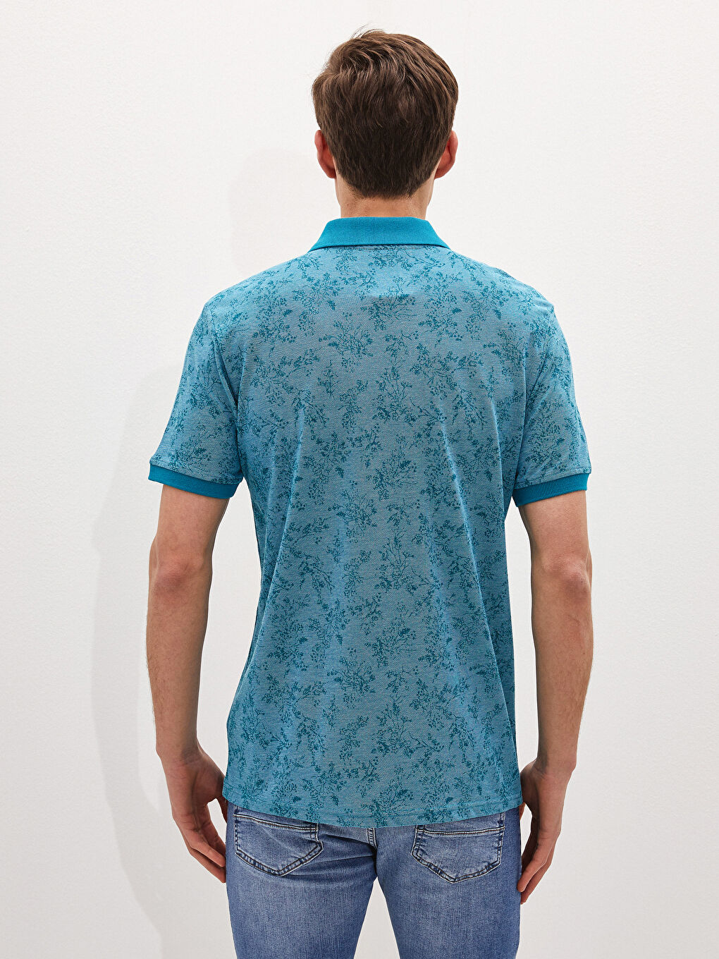 Turkuaz Polo Yaka Kısa Kollu Desenli Erkek Tişört-3