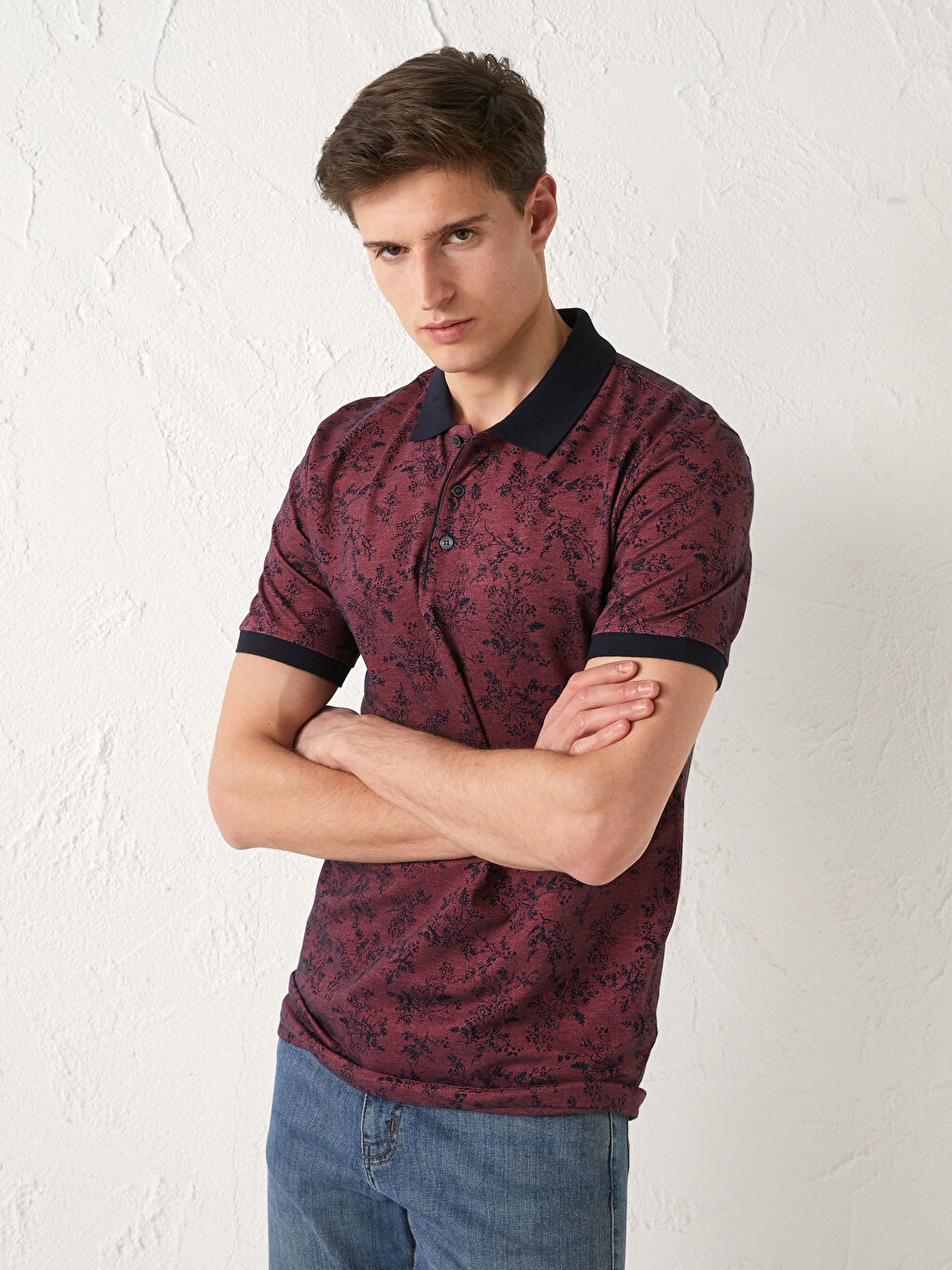 Fuşya Polo Yaka Kısa Kollu Desenli Erkek Tişört