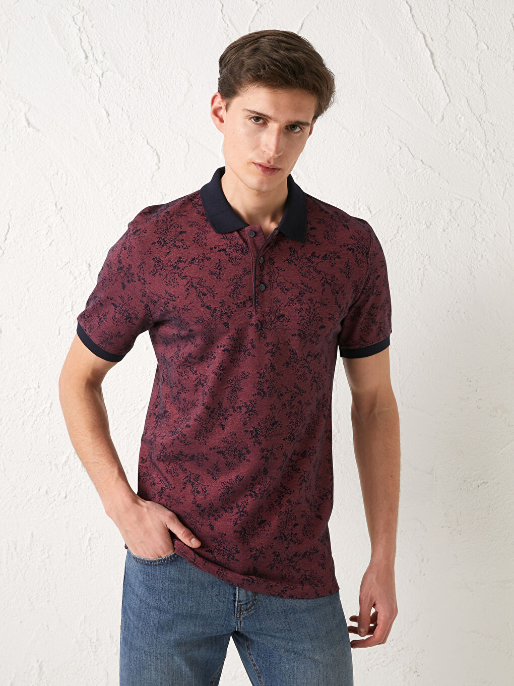 Fuşya Polo Yaka Kısa Kollu Desenli Erkek Tişört-1