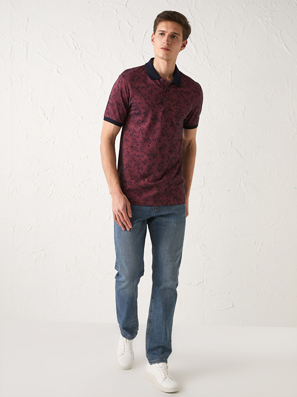 Fuşya Polo Yaka Kısa Kollu Desenli Erkek Tişört-2