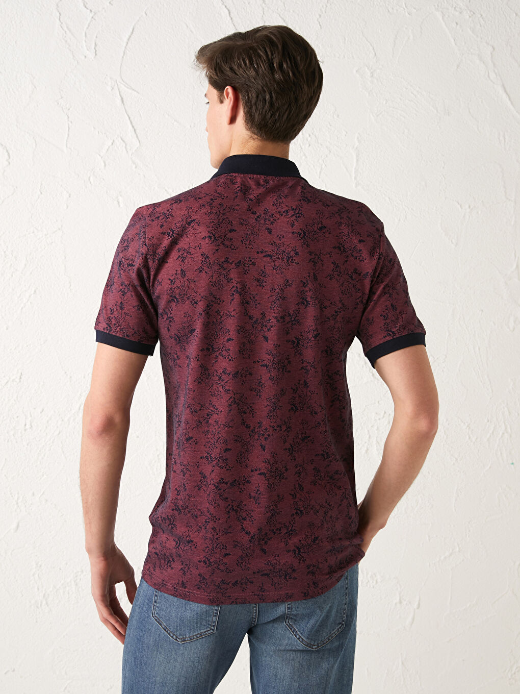 Fuşya Polo Yaka Kısa Kollu Desenli Erkek Tişört-3