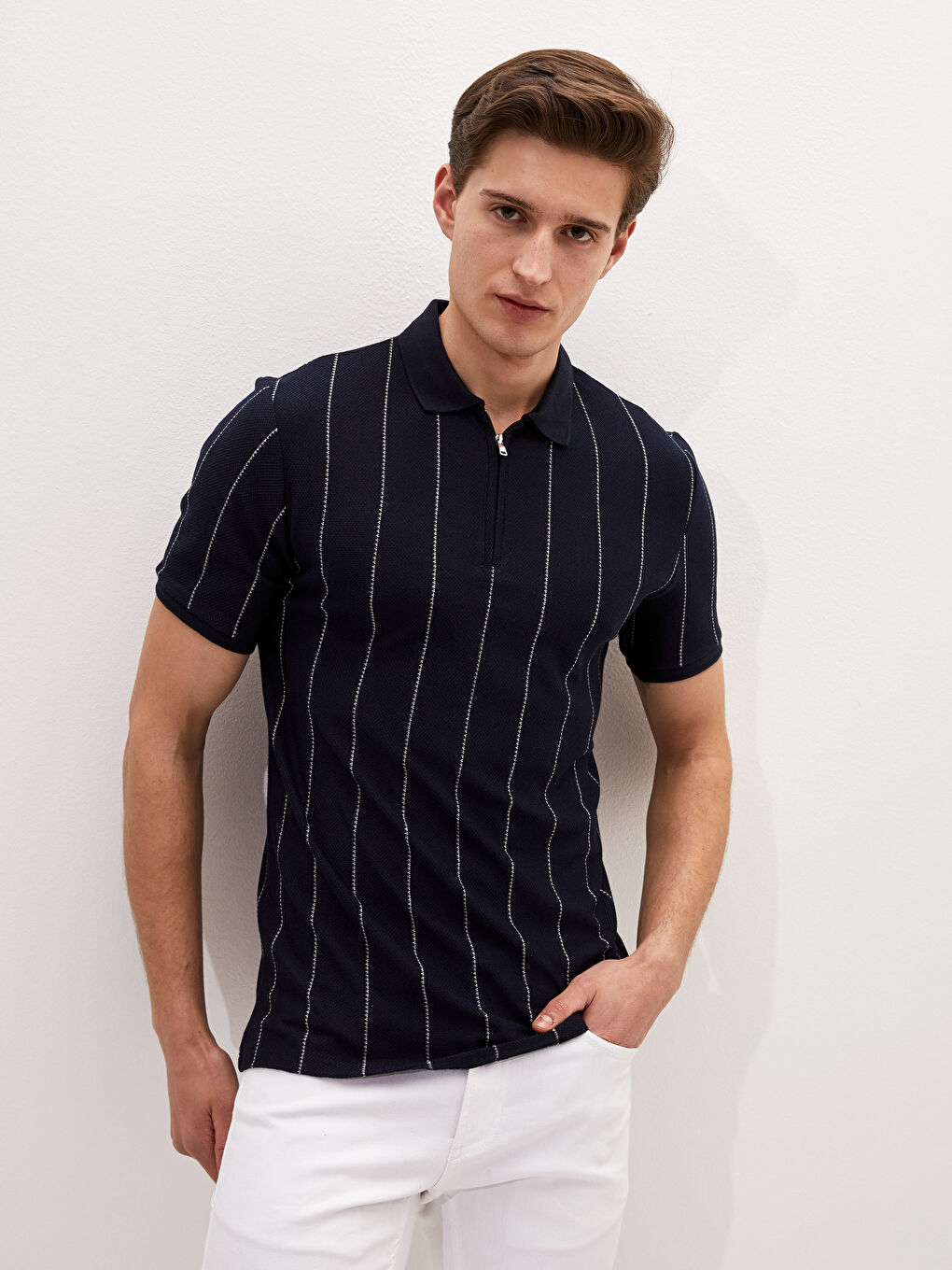 Lacivert Polo Yaka Kısa Kollu Çizgili Erkek Tişört